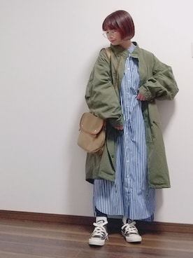 「シャツワンピ」｜「アイテム（モッズコート）」を使った、yakkoさん（レディース・152cm）の春コーディネート