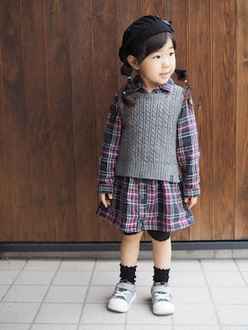 「チェックシャツワンピース」｜「アイテム（シャツワンピース）」を使った、yunopi_codeさん（キッズ・100cm）の秋コーディネート