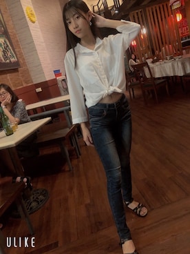 「鬼デニム（オニデニム）のアイテム」を使った、冷ㄦさん（レディース・160cm）の冬コーディネート