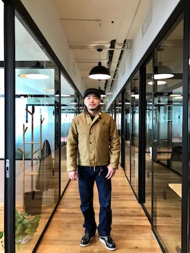 「FREEWHEELERS（フリーホイーラーズ）のアイテム（キャスケット）」を使った、B哥さん（メンズ・180cm）の冬コーディネート