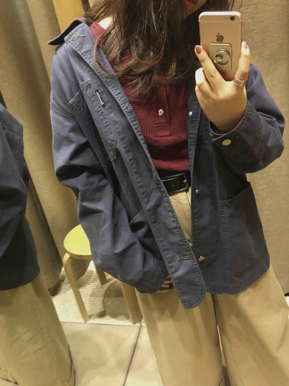 「サーマル、古着、チノパン、ワイドパンツ、ズルズル、おじさん」｜「古着のアイテム（Tシャツ/カットソー、レッド系）」を使った、もも  🍑さん（レディース・158cm）の春コーディネートの1枚目の写真