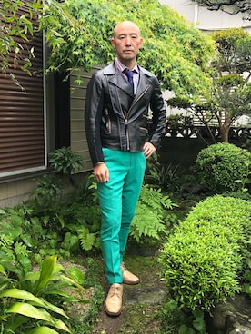 「Paul Smith（ポールスミス）のアイテム（ライダースジャケット）」を使った、柴犬ゴローさん（メンズ・178cm）の春コーディネート