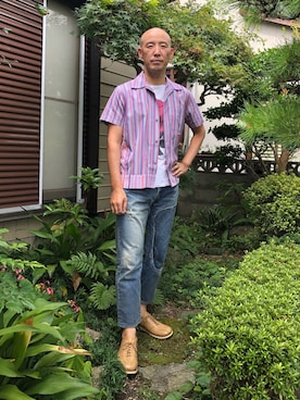 「RED EAR（レッドイヤー）のアイテム（パンツ）」を使った、柴犬ゴローさん（メンズ・178cm）の夏コーディネート