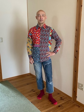 「RED EAR（レッドイヤー）のアイテム（パンツ）」を使った、柴犬ゴローさん（メンズ・178cm）の春コーディネート