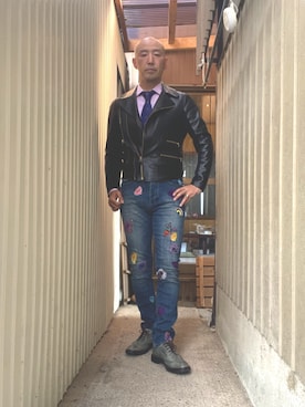 「Paul Smith（ポールスミス）のアイテム（ライダースジャケット）」を使った、柴犬ゴローさん（メンズ・178cm）の秋コーディネート