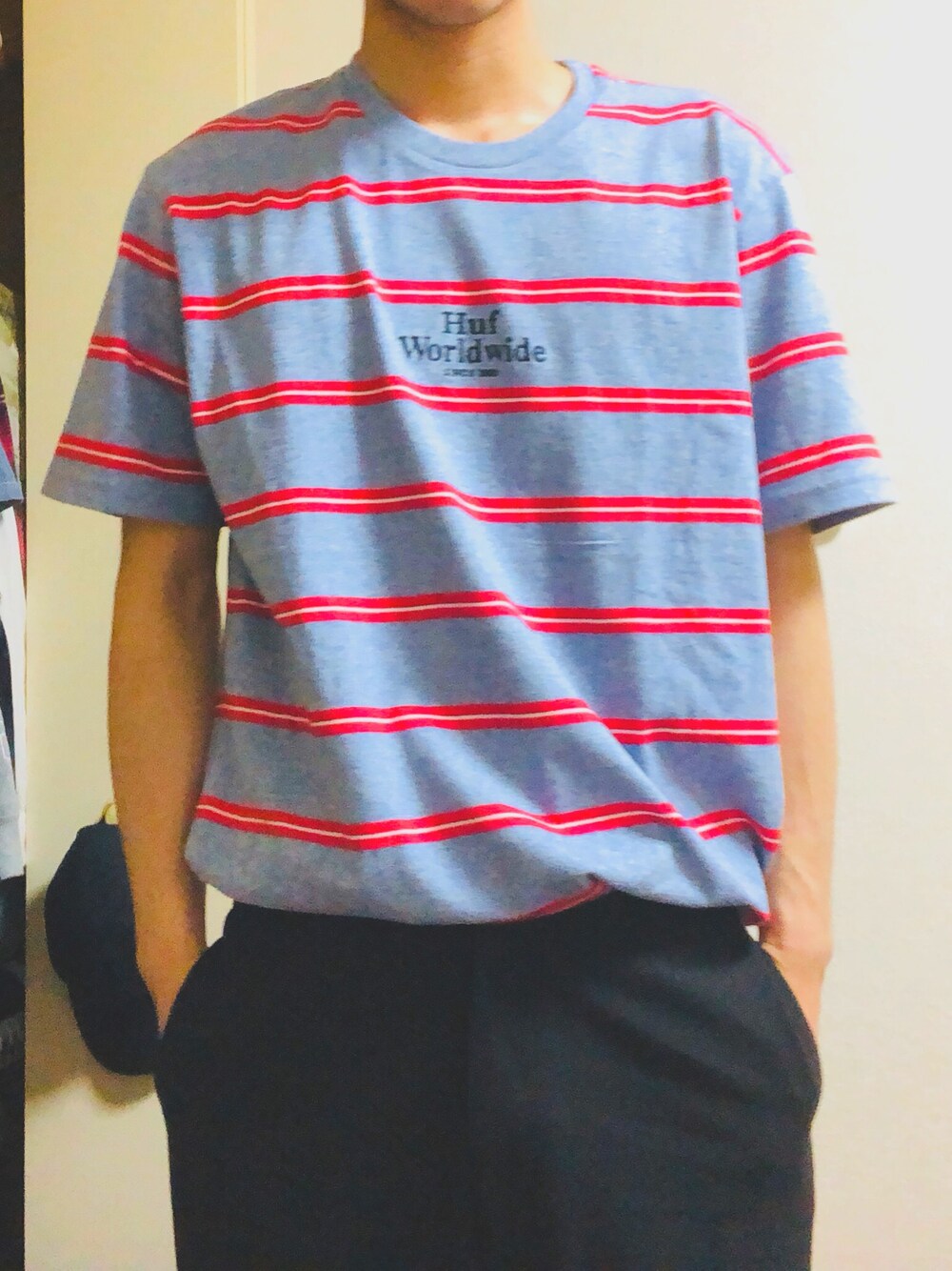 「HUFのアイテム（Tシャツ/カットソー、その他）」を使った、モキチさん（メンズ・180cm）の春コーディネートの1枚目の写真