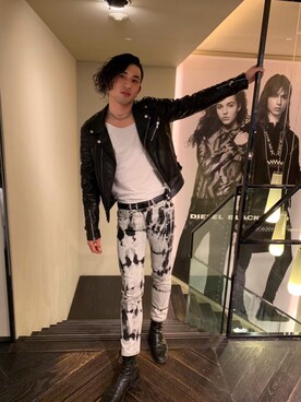 「ブリーチデニム」｜「アイテム（ライダースジャケット）」を使った、Dadaさん（メンズ・185cm）の冬コーディネート