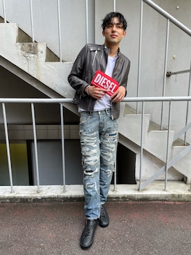 「DIESEL（ディーゼル）のアイテム（ライダースジャケット）」を使った、Dadaさん（メンズ・186cm）の夏コーディネート
