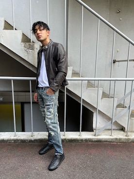 「DIESEL（ディーゼル）のアイテム（ライダースジャケット）」を使った、Dadaさん（メンズ・186cm）の夏コーディネート