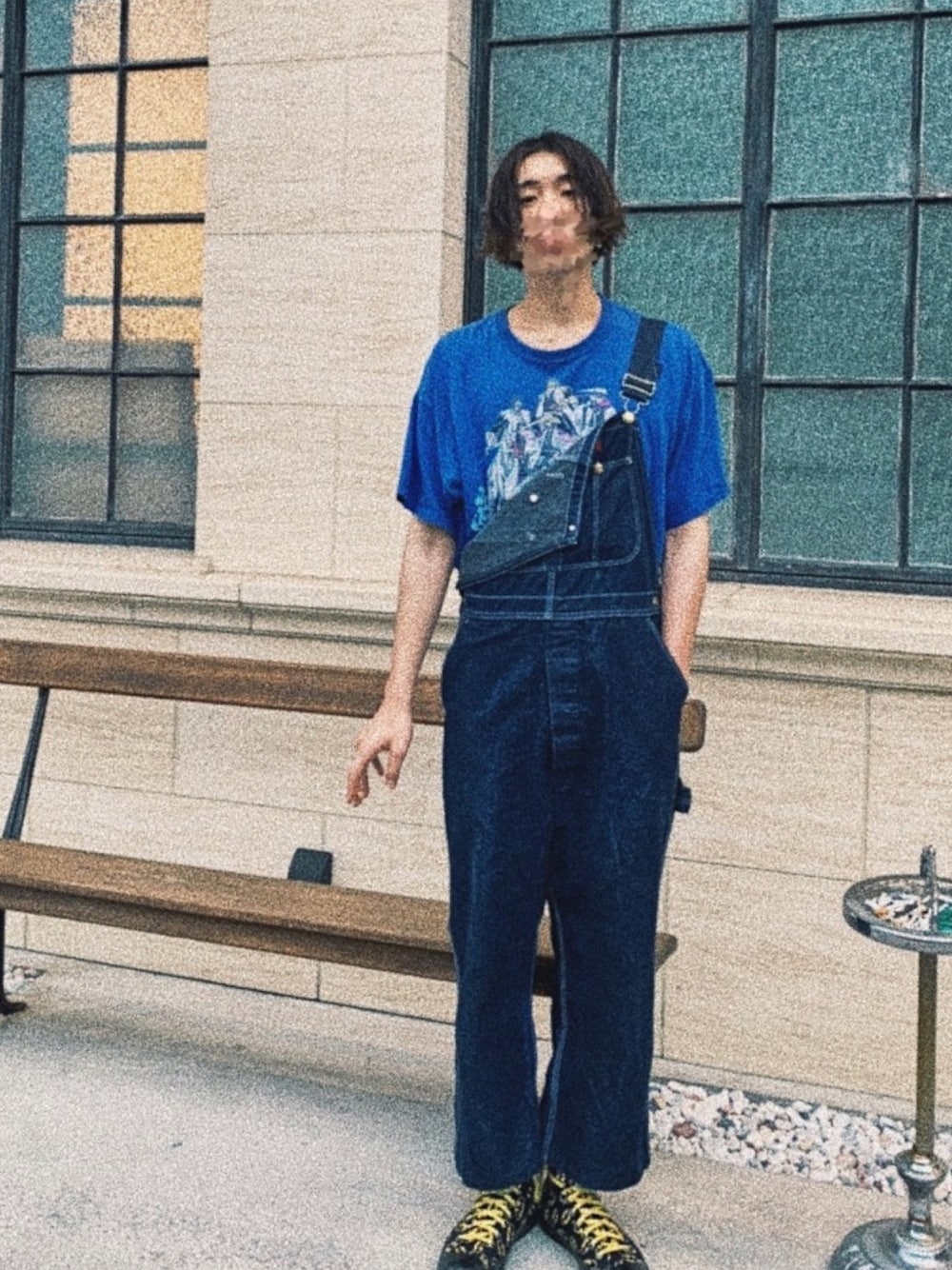 「休日スタイル、ビッグシルエット、Tシャツ、古着MIX、青コーデ、夏、相互フォロー、相互フォロー歓迎、相互フォローしましょう！、オーバーオール」｜「Dickiesのアイテム（サロペット/オーバーオール、ブルー系）」を使った、ｴｲﾝ®︎『相互フォロー』さん（メンズ・183cm）の夏コーディネートの1枚目の写真