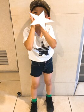 「B:MING by BEAMS（ビーミングバイビームス）のアイテム（Tシャツ/カットソー、ホワイト系）」を使った、YUKI★さん（キッズ）の夏コーディネート