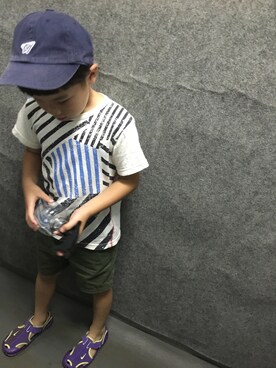 「Love&Peace&Money（ラブアンドピースアンドマネー）のヴィンテージ天竺　オーバーダイジオメトリックTEE（Tシャツ/カットソー、ホワイト系）」を使った、YUKI★さん（キッズ）の夏コーディネート