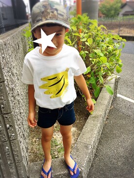 「Love&Peace&Money（ラブアンドピースアンドマネー）のフルーツTEE（Tシャツ/カットソー、ホワイト系）」を使った、YUKI★さん（キッズ）の夏コーディネート