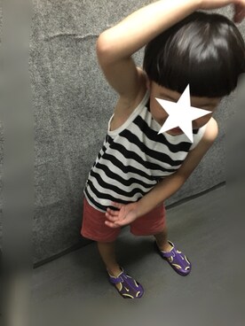 「RAGMART（ラグマート）のスラブ天竺ボーダータンクトップ（タンクトップ、ブラック系）」を使った、YUKI★さん（キッズ）の夏コーディネート