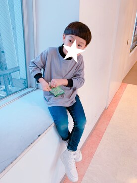 「韓国子供服のアイテム（Tシャツ/カットソー、グレー系）」を使った、YUKI★さん（キッズ）の秋コーディネート