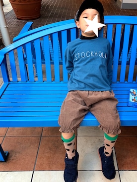 「韓国子供服のアイテム（Tシャツ/カットソー、ブルー系）」を使った、YUKI★さん（キッズ）の秋コーディネート