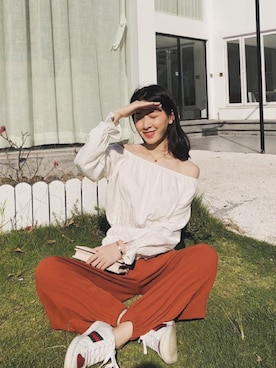 「アイテム（チノパンツ、オレンジ系）」を使った、_WOOTSさん（レディース・163cm）の秋コーディネート