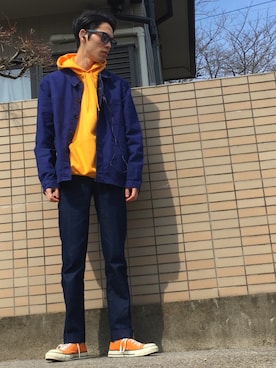 「Champion」｜「アイテム（カバーオール）」を使った、ふちおさん（メンズ・176cm）の春コーディネート