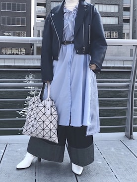 「SLY（スライ）のアイテム（ライダースジャケット）」を使った、Mさん（レディース・157cm）の春コーディネート