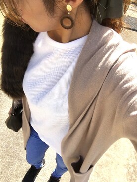 「AZUL by moussy（アズールバイマウジー）のフード付きニットカーディガン（カーディガン/ボレロ、ベージュ系）」を使った、mik___xさん（レディース）の秋コーディネート