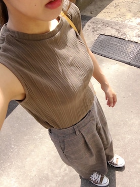 「LOWRYS FARM（ローリーズファーム）のＴＲチェックワイドパンツ　764689（その他パンツ、ブラウン系）」を使った、mik___xさん（レディース）の秋コーディネート
