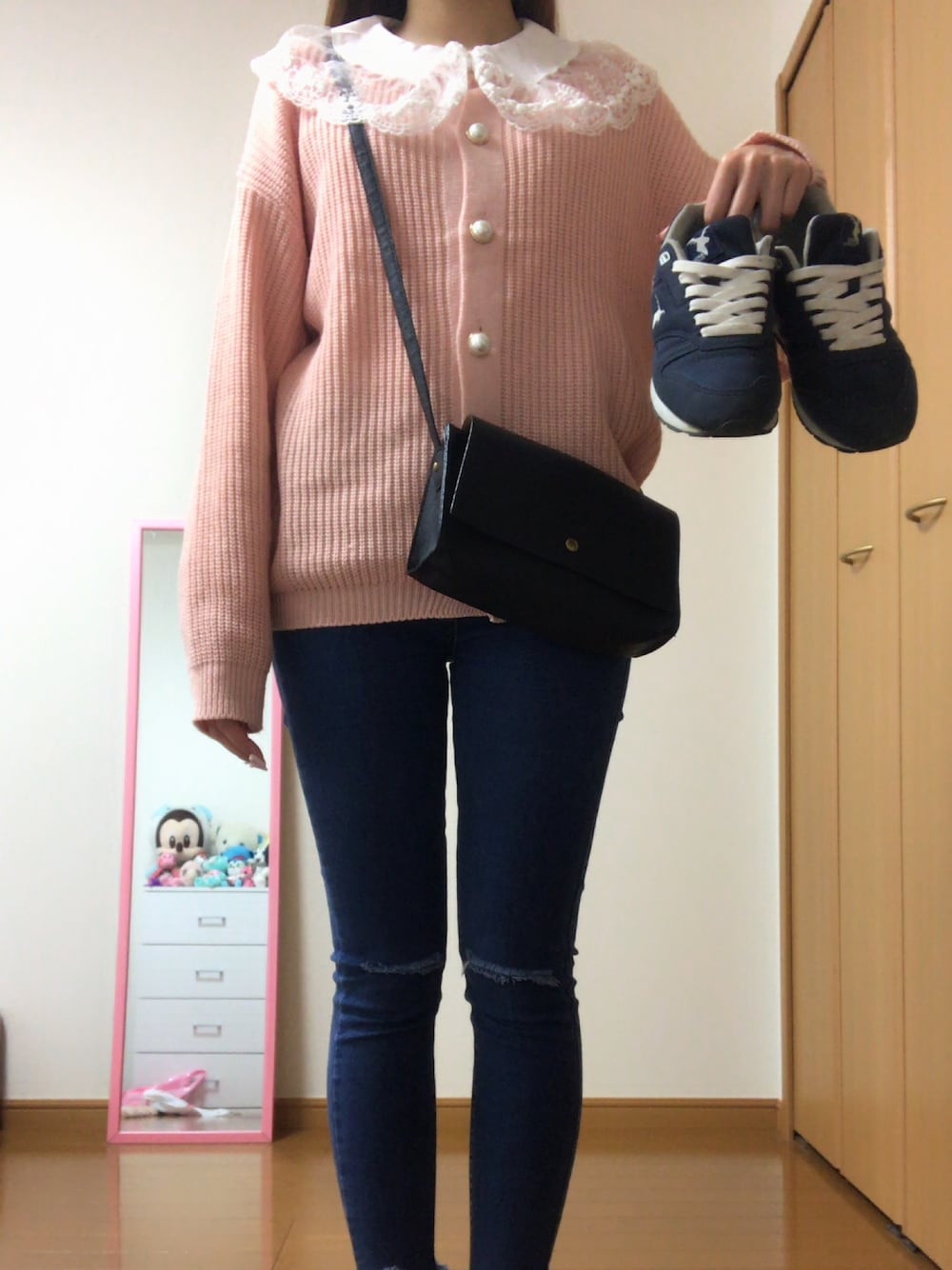 「春、春コーデ、カーディガン、フリル、レース、韓国ファッション、Gogosing、Qoo10、アキクラシック、cepo.」｜「GOGOSINGのアイテム（カーディガン/ボレロ、ピンク系）」を使った、かんなさん（レディース・163cm）の春コーディネートの1枚目の写真