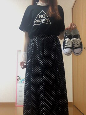 「bullang girlsのアイテム（Tシャツ/カットソー、ブラック系）」を使った、かんなさん（レディース・163cm）の春コーディネート