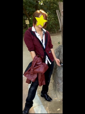 「アイテム（ライダースジャケット、レッド系）」を使った、ʕ•̫͡•ʔ𝓴𝓮𝓲さん（メンズ・163cm）の冬コーディネート