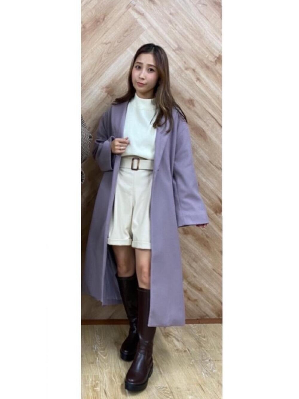 「ワントーンコーデ、ロングブーツ、パープル、プチプラコーデ、レトロガール、くすみカラー、レトロガールコーデ、トレンドファッション、retrogirl_ootd」｜「RETRO GIRLのミラノリブハイネックニット（ニット/セーター、ホワイト系）」を使った、RETROGIRLさん（レディース・161cm）の冬コーディネートの1枚目の写真