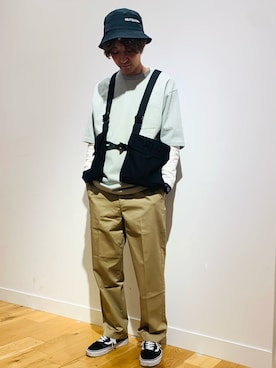 「FRUIT OF THE LOOM（フルーツオブザルーム）のアイテム（帽子）」を使った、MATSUMOTOさん（メンズ・175cm）の春コーディネート
