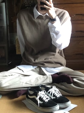 「古着好きな人と繋がりたい」｜「アイテム（ダウンベスト）」を使った、四宮さん（メンズ・174cm）の秋コーディネート