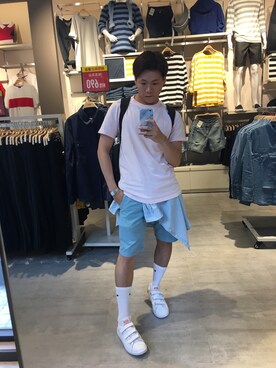 「網購のアイテム（Tシャツ/カットソー、ピンク系）」を使った、小Q~さん（メンズ・167cm）の夏コーディネート