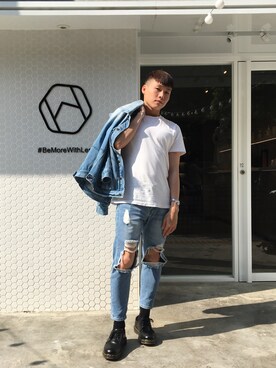 「網購のアイテム（Tシャツ/カットソー、ホワイト系）」を使った、小Q~さん（メンズ・167cm）の春コーディネート