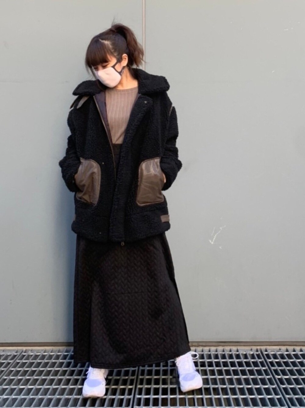 「フライトジャケット、セットアイテム、年末WEAR感謝祭、ボアジャケット、キルティングスカート、NIKE、ミリオンカラッツ(Million Carats)、JILKY、低身長、おちびさん」｜「ROOMのアイテム（マスク、ピンク系）」を使った、iduさん（レディース・153cm）の冬コーディネートの1枚目の写真