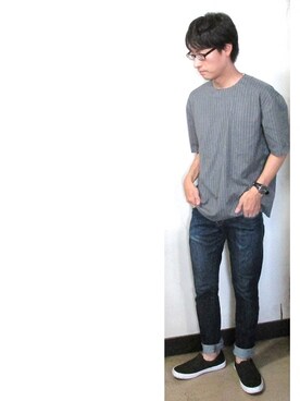 「EDWIN」｜「アイテム（スリッポン）」を使った、のびゴンさん（メンズ・165cm）の夏コーディネート
