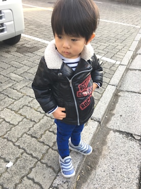 「西松屋（ニシマツヤ）のアイテム（ライダースジャケット）」を使った、mooさん（キッズ・90cm）の春コーディネート