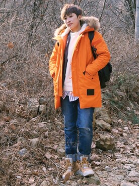 「schott（ショット）のアイテム（ジャケット/アウター、オレンジ系）」を使った、L.Tさんの冬コーディネート