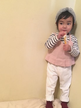 「BRANSHES（ブランシェス）のテレコボーダー長袖Tシャツ（Tシャツ/カットソー）」を使った、twinkle♡twinkle♡  さん（キッズ・80cm）の冬コーディネート