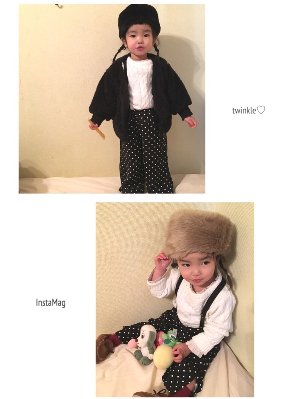 ブラック系のTシャツ/カットソー、ブラック系のカーディガン/ボレロ、ベージュ系の帽子を着用したキッズの冬コーディネートの1枚目の写真