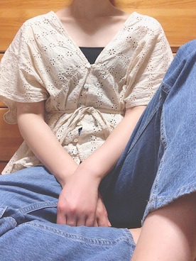 「LOWRYS FARM（ローリーズファーム）のCONEハイライズワイドデニム　800874（デニムパンツ）」を使った、ちゃきさん（レディース・164cm）の春コーディネート