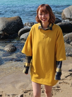 「GU（ジーユー）のアイテム（スウェット、イエロー系）」を使った、annpiさん（レディース・158cm）の春コーディネート