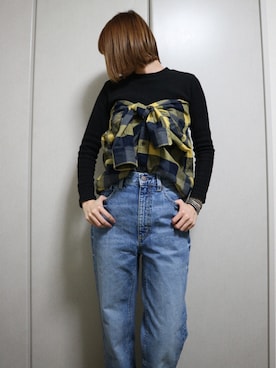 「GU（ジーユー）のアイテム（デニムパンツ、ブルー系）」を使った、annpiさん（レディース・158cm）の春コーディネート