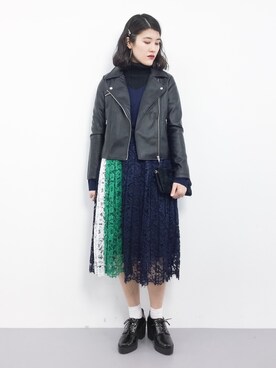 「VENCEEXCHANGE（ヴァンスエクスチェンジ）のアイテム（ライダースジャケット）」を使った、ハマアイさん（レディース・161cm）の冬コーディネート