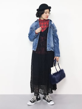 「赤チェック」｜「アイテム（デニムジャケット）」を使った、ハマアイさん（レディース・161cm）の秋コーディネート