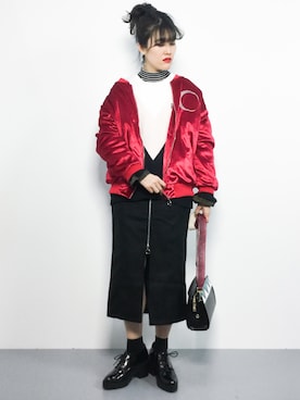 「コート」｜「アイテム（スタジャン）」を使った、ハマアイさん（レディース・161cm）の冬コーディネート