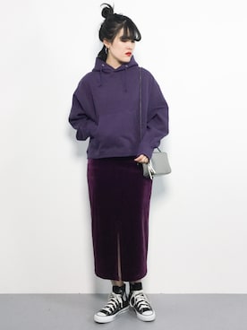 「AMERI」｜「アイテム（スウェット）」を使った、ハマアイさん（レディース・161cm）の冬コーディネート