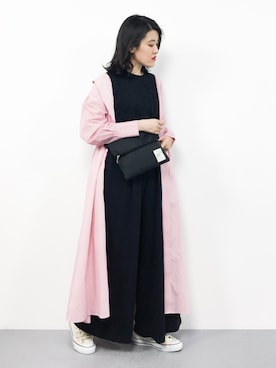 「ジャージーパンツ」｜「アイテム（シャツワンピース）」を使った、ハマアイさん（レディース・161cm）の春コーディネート