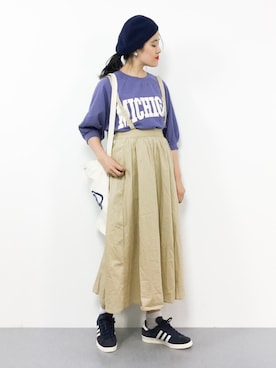 「サロペットスカート」｜「アイテム（スウェット）」を使った、ハマアイさん（レディース・161cm）の夏コーディネート