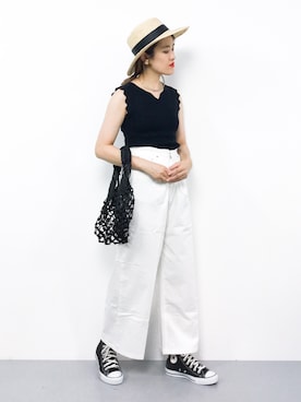 「ノースリーブニット」｜「アイテム（帽子）」を使った、ハマアイさん（レディース・161cm）の夏コーディネート