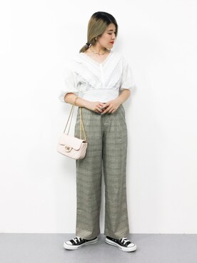 「PLAIN CLOTHING（プレーンクロージング）の【SALE!!】2way仕様！ダイヤ柄ステッチチェーンミニバッグ（ショルダーバッグ）」を使った、ハマアイさん（レディース・161cm）の夏コーディネート